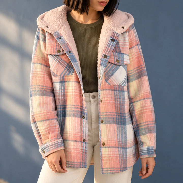 Beverly Brushed Flannel Plaid Sherpa Shacket - Pink