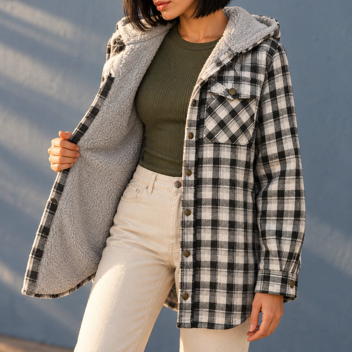 Beverly Brushed Flannel Plaid Sherpa Shacket - White
