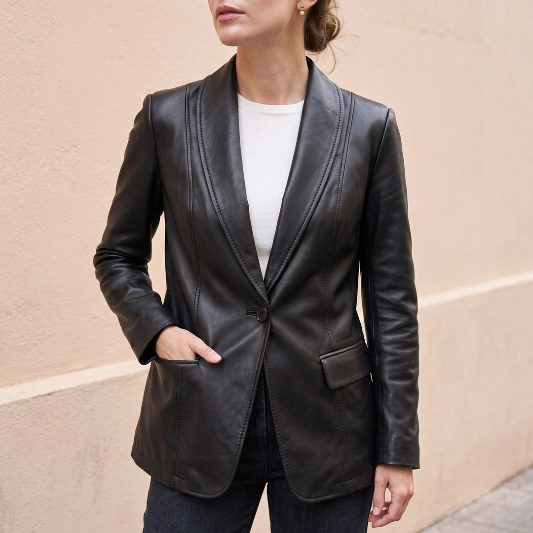 Briallen Vegan Leather Shawl Collar Longline Blazer - Black