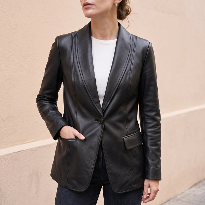Briallen Vegan Leather Shawl Collar Longline Blazer - Black