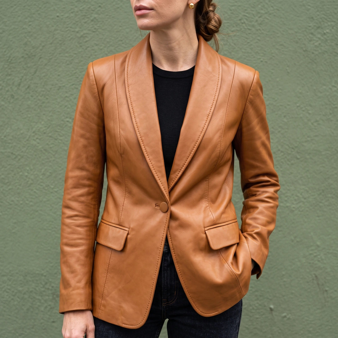 Briallen Vegan Leather Shawl Collar Longline Blazer - Brown