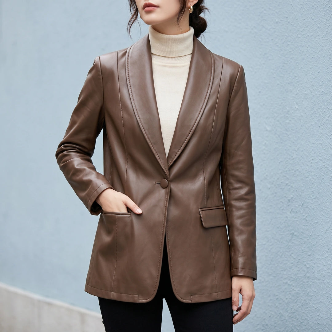 Briallen Vegan Leather Shawl Collar Longline Blazer - Dark Brown