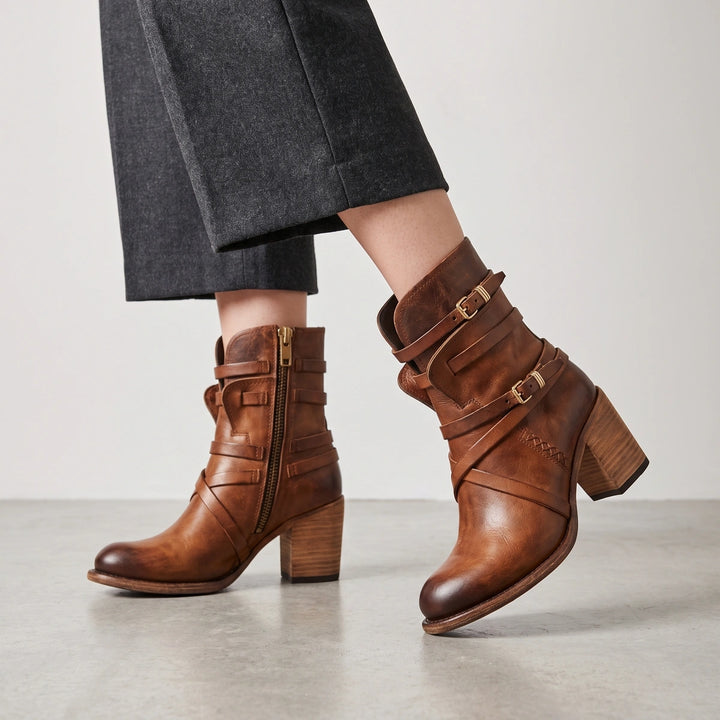 Bridget Buckle Strap Leather Ankle Boots - Brown