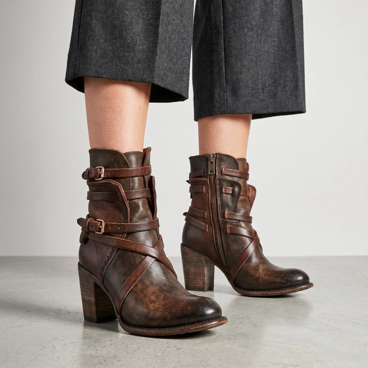 Bridget Buckle Strap Leather Ankle Boots - Dark Brown