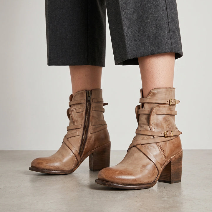 Bridget Buckle Strap Leather Ankle Boots - Light Brown