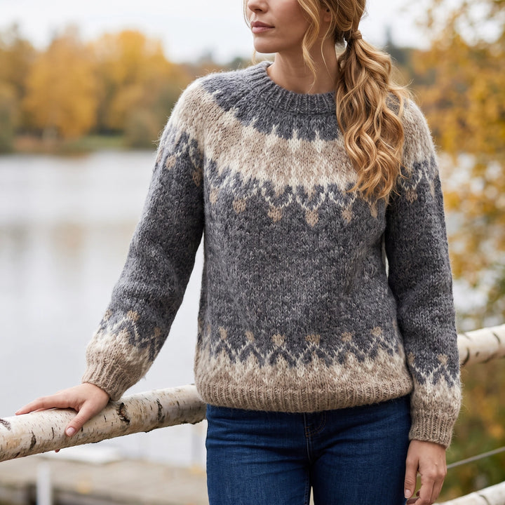 Brigida Brushed Fair Isle Yoke Crew Neck Sweater - Gray