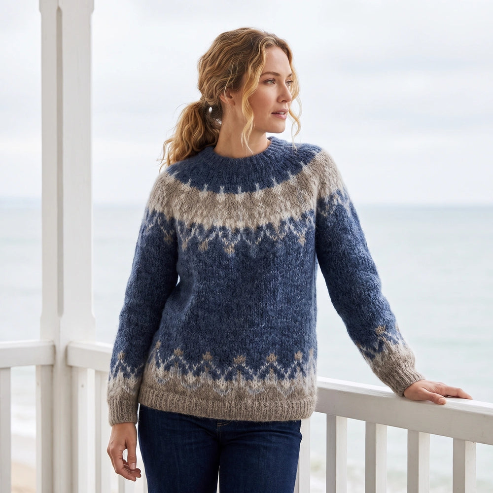 Brigida Brushed Fair Isle Yoke Crew Neck Sweater - Navy Blue