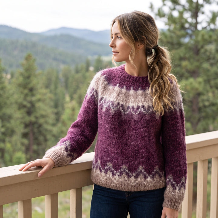 Brigida Brushed Fair Isle Yoke Crew Neck Sweater - Wine Red