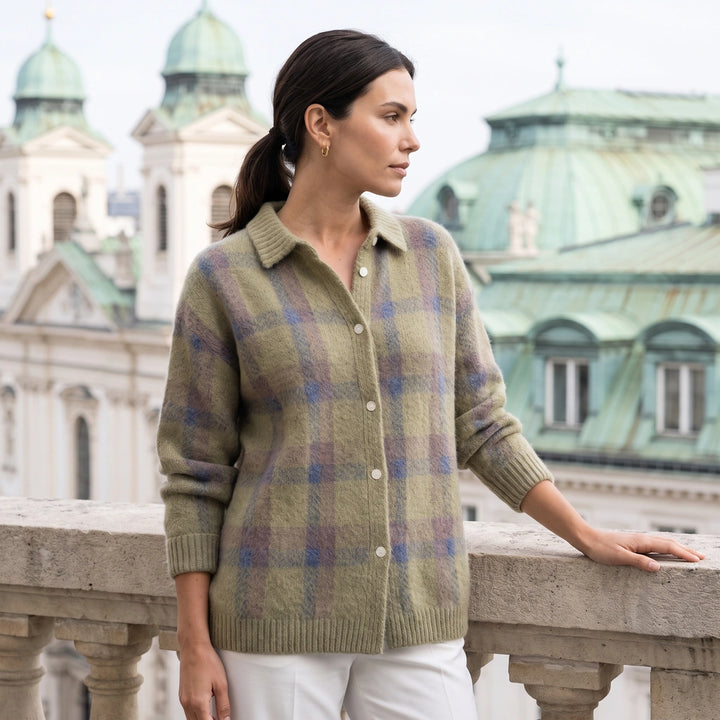 Briony Plaid Brushed Knit Shacket - Olive