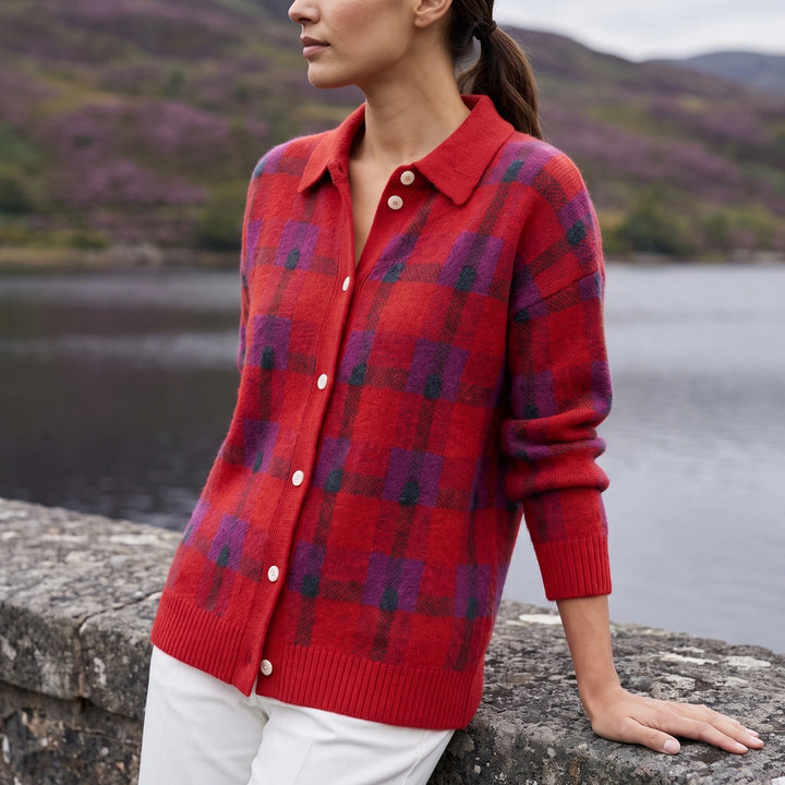 Briony Plaid Brushed Knit Shacket - Red