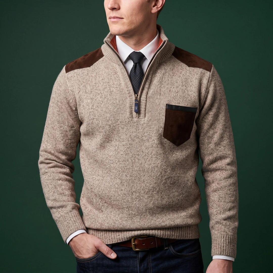 Brody Suede Patch Quarter Zip Sweater - Beige