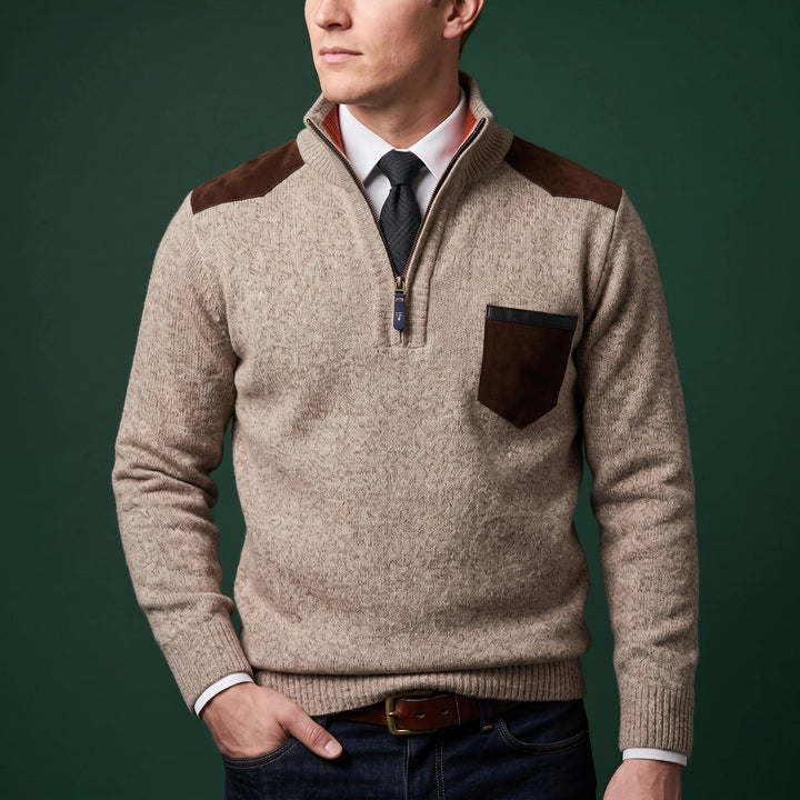 Brody Suede Patch Quarter Zip Sweater - Beige