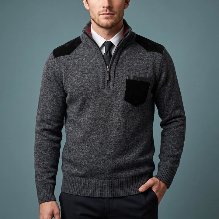Brody Suede Patch Quarter Zip Sweater - Gray