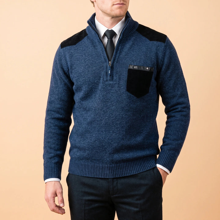 Brody Suede Patch Quarter Zip Sweater - Navy