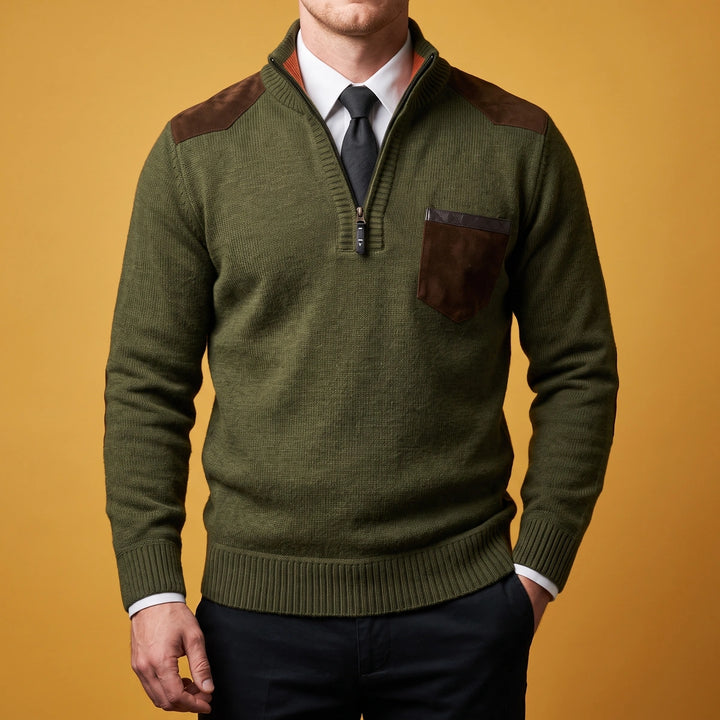 Brody Suede Patch Quarter Zip Sweater - Olive