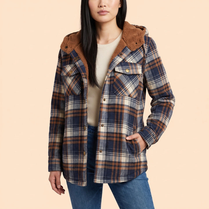 Bronwyn Sherpa Hood Plaid Shirt Jacket - Blue