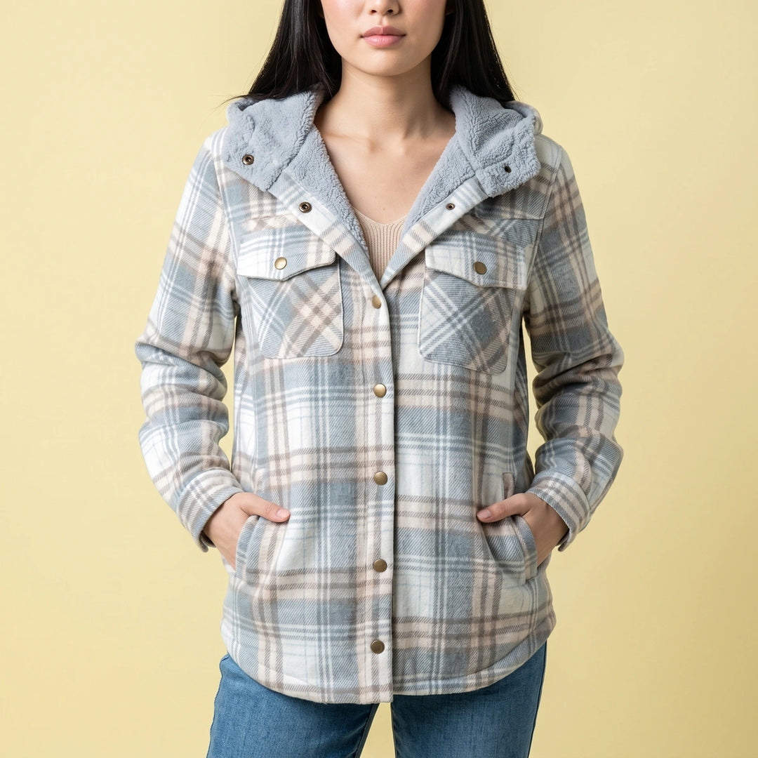 Bronwyn Sherpa Hood Plaid Shirt Jacket - Gray