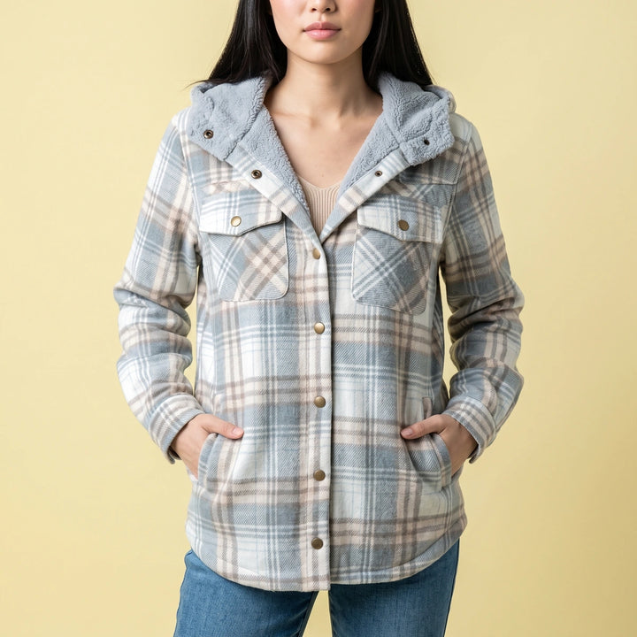 Bronwyn Sherpa Hood Plaid Shirt Jacket - Gray