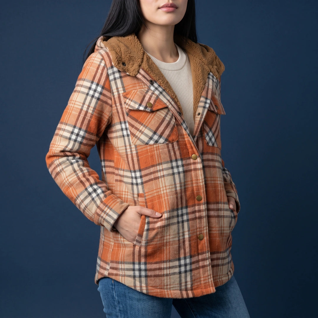 Bronwyn Sherpa Hood Plaid Shirt Jacket - Orange