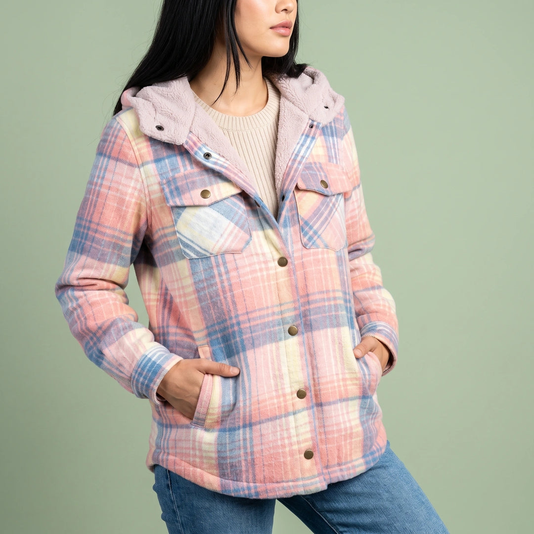 Bronwyn Sherpa Hood Plaid Shirt Jacket - Pink