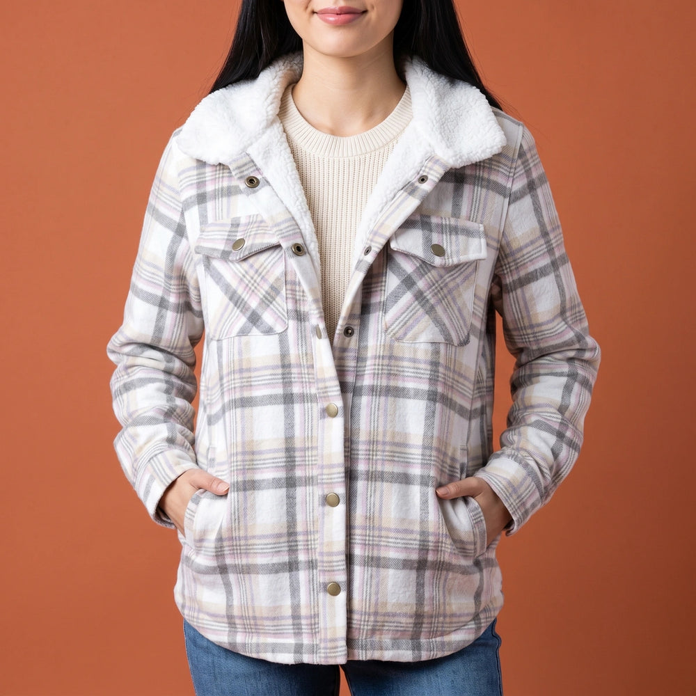Bronwyn Sherpa Hood Plaid Shirt Jacket - White