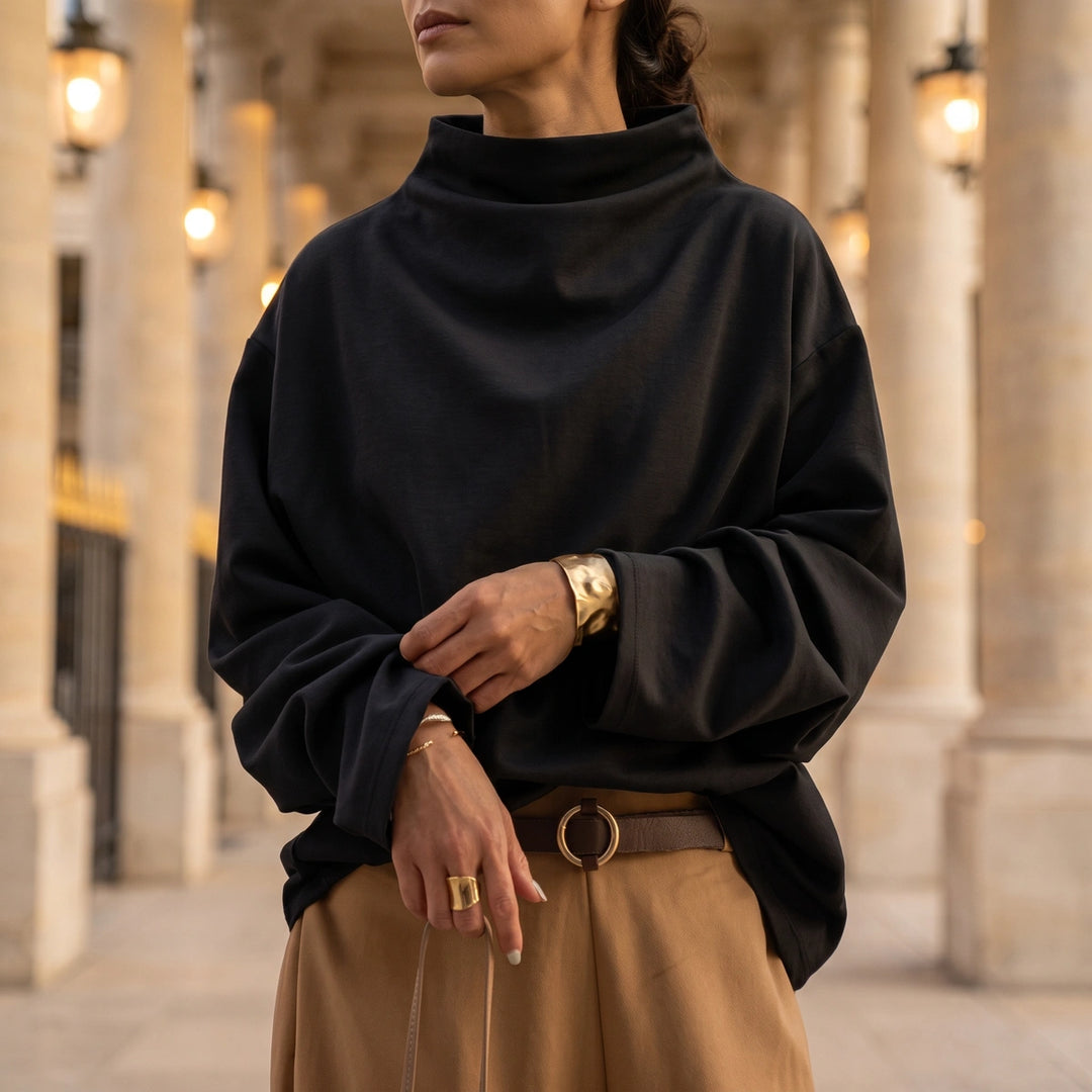 Calista Draped Funnel Neck Top - Black