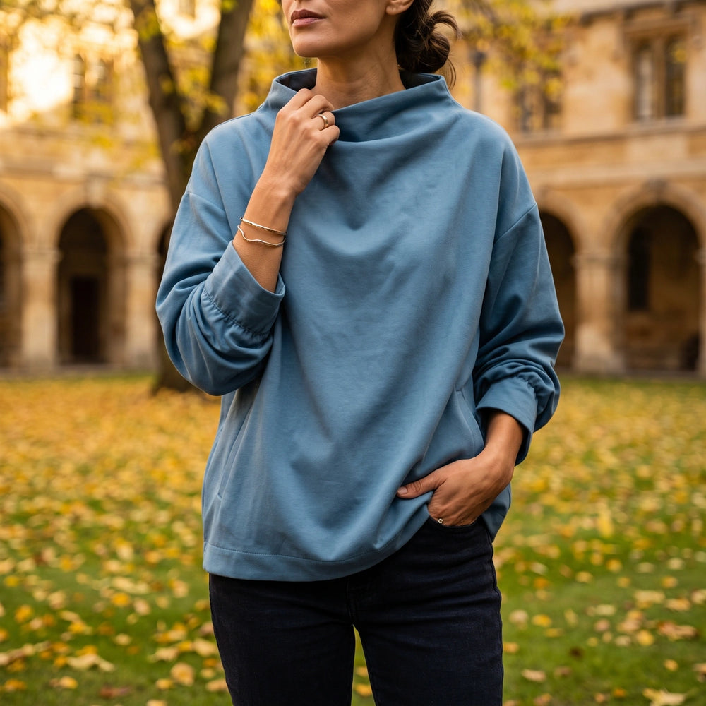 Calista Draped Funnel Neck Top - Blue