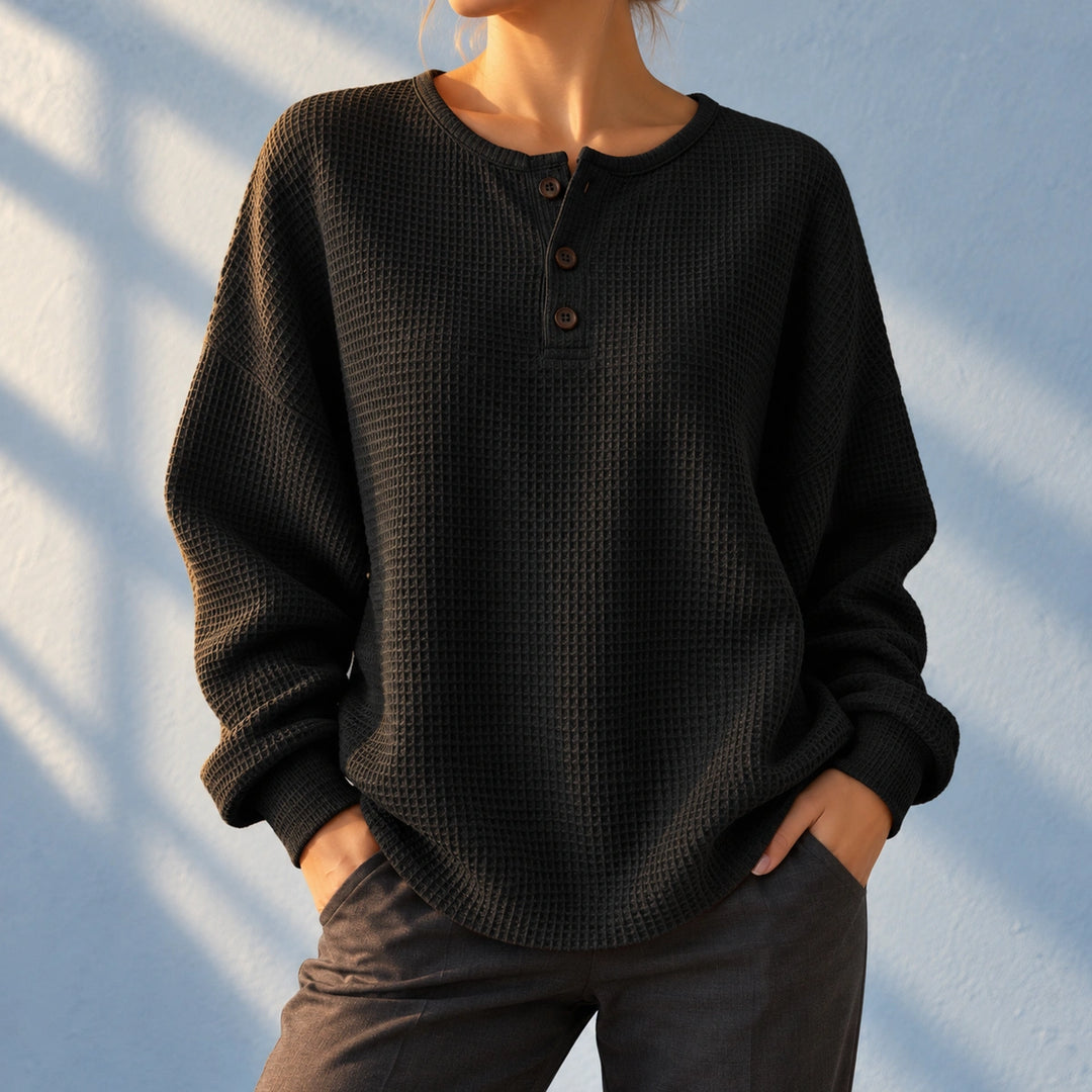 Callie Waffle Knit Button Placket Henley - Black