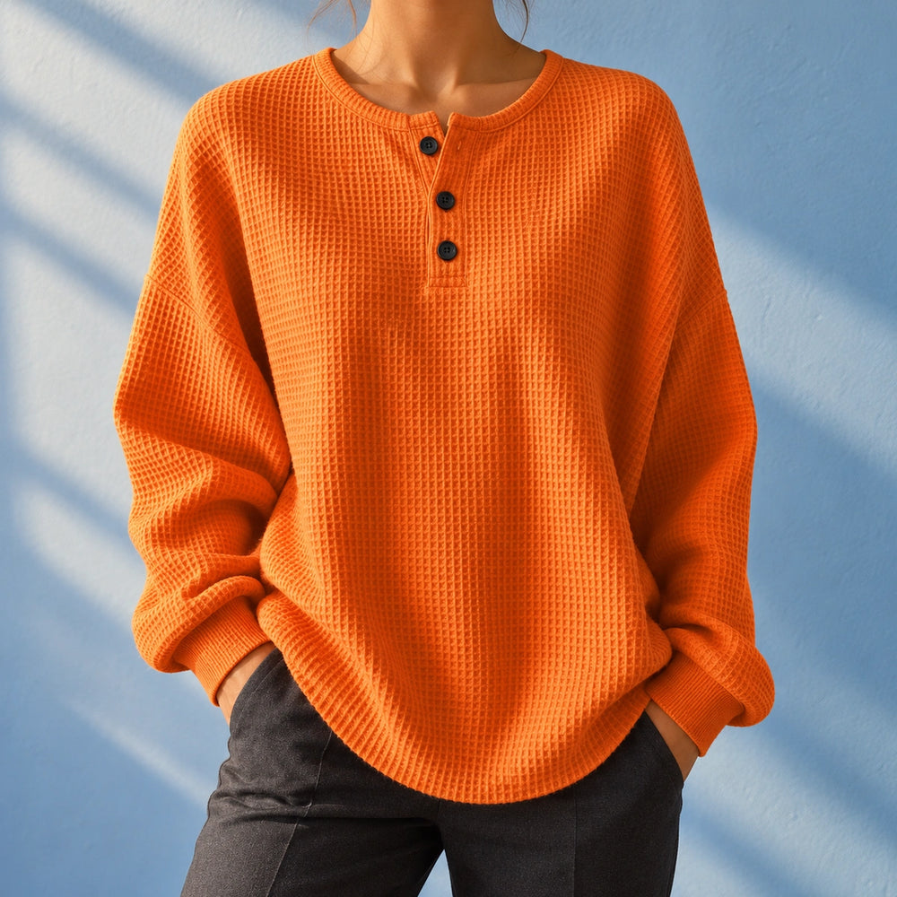 Callie Waffle Knit Button Placket Henley - Orange