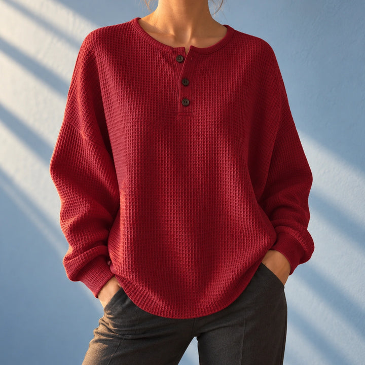 Callie Waffle Knit Button Placket Henley - Red