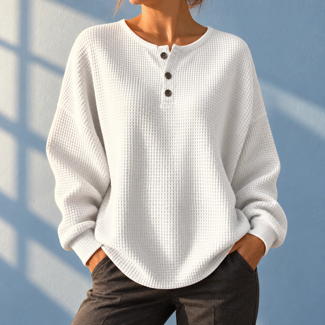 Callie Waffle Knit Button Placket Henley - White
