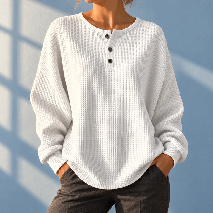 Callie Waffle Knit Button Placket Henley - White