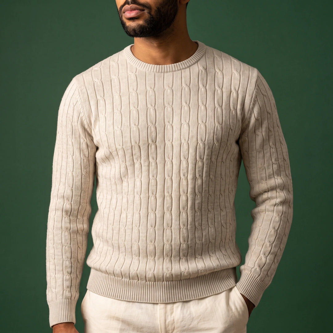 Callum Cable Knit Crew Sweater - Beige