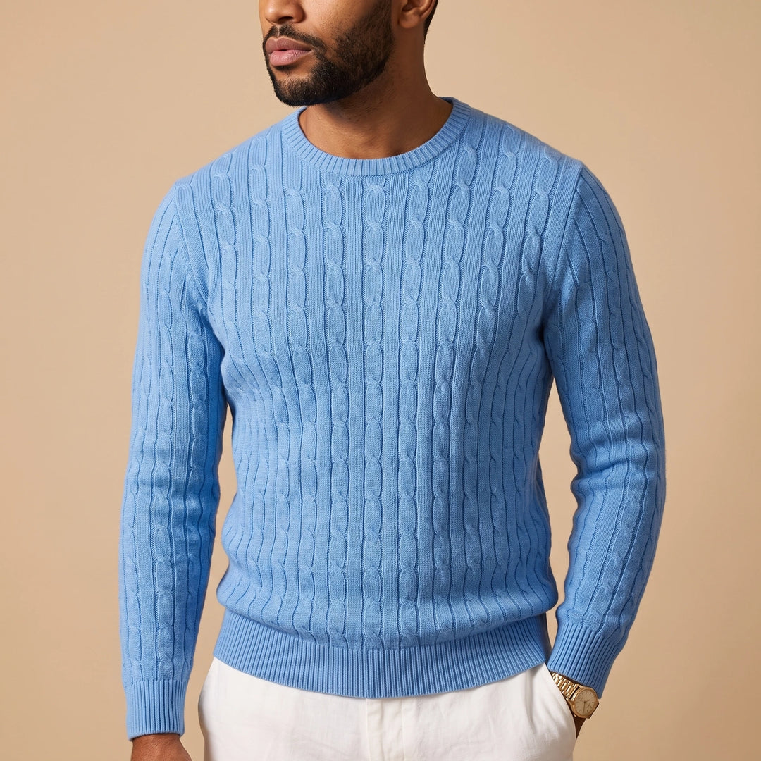 Callum Cable Knit Crew Sweater - Blue