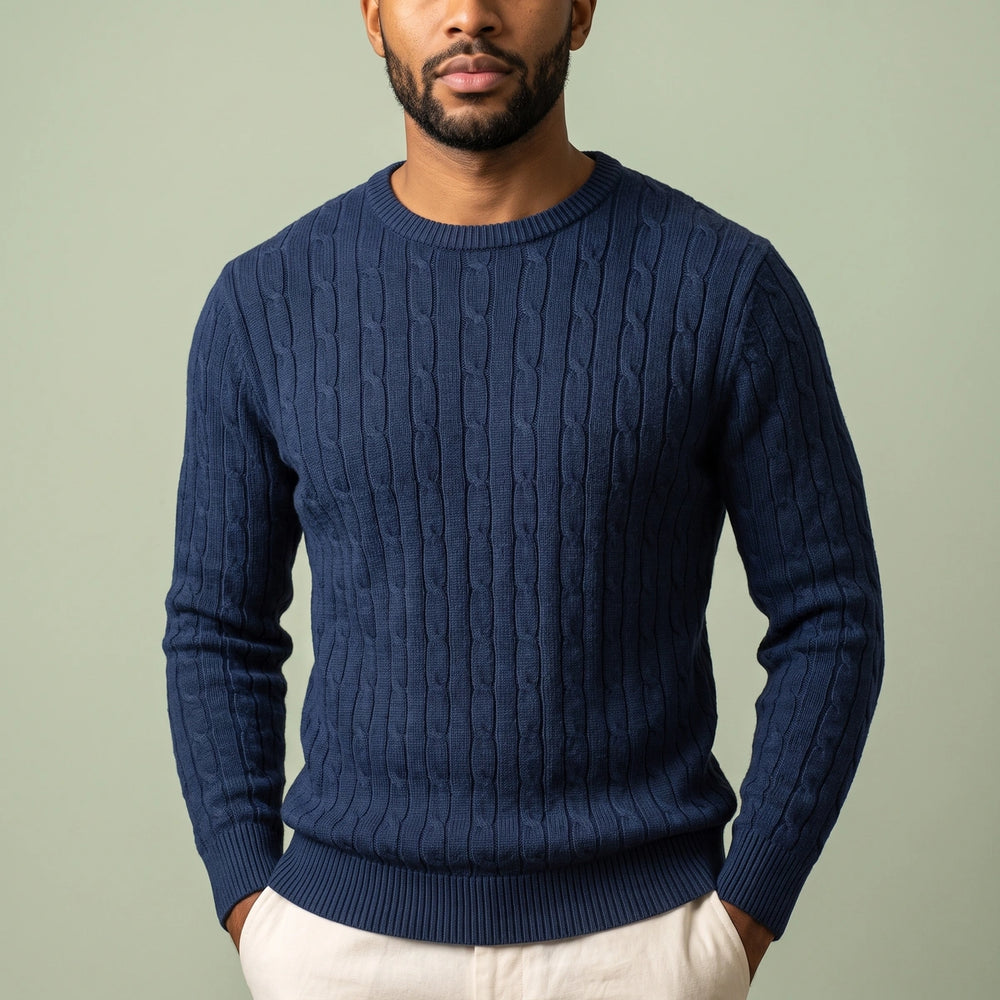 Callum Cable Knit Crew Sweater - Navy
