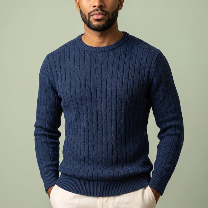 Callum Cable Knit Crew Sweater - Navy