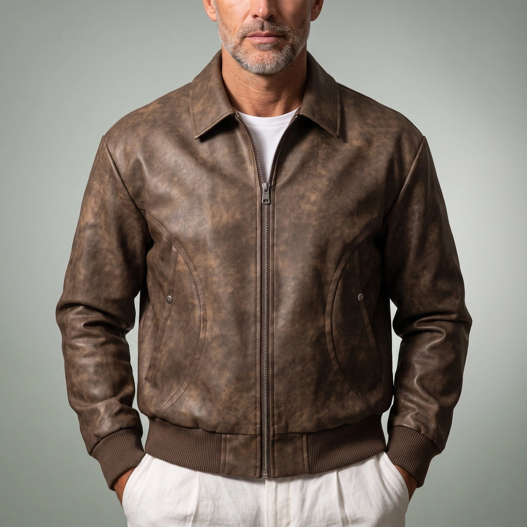 Casimir Washed Vegan Leather Bomber Jacket - Brown