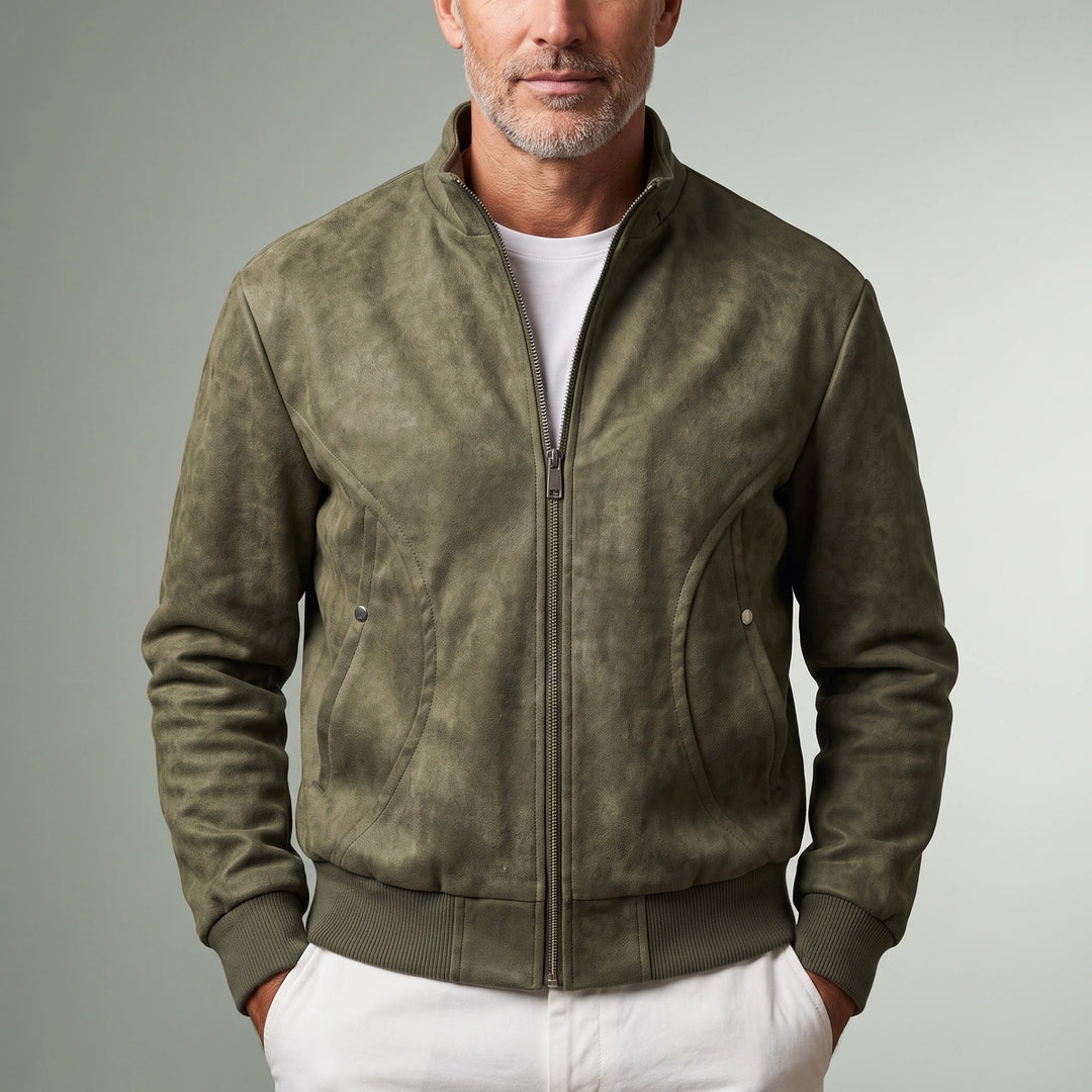 Casimir Washed Vegan Leather Bomber Jacket - Olive