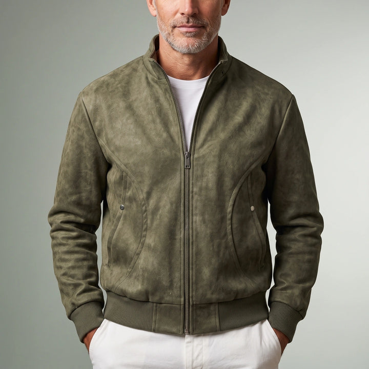 Casimir Washed Vegan Leather Bomber Jacket - Olive