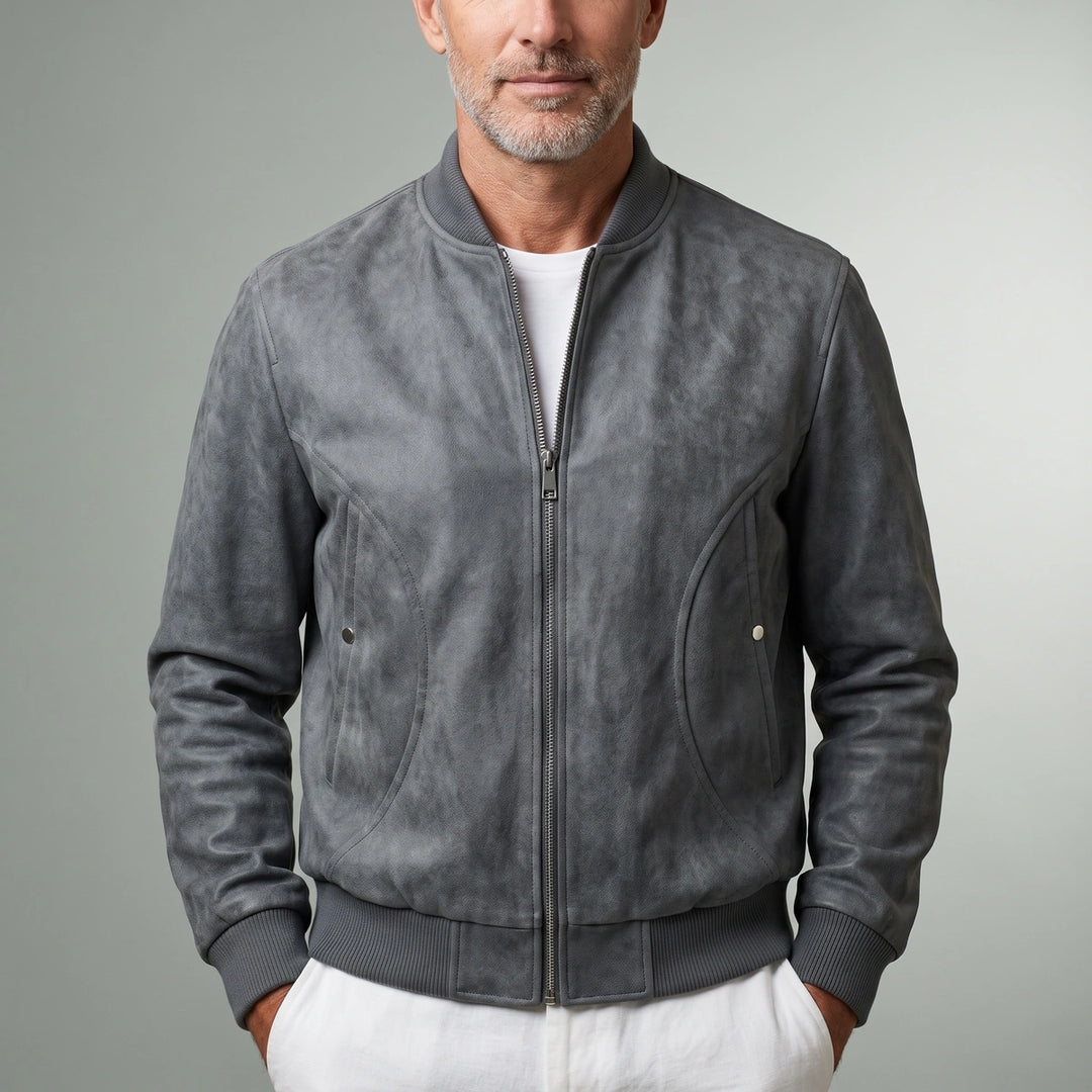 Casimir Washed Vegan Leather Bomber Jacket - Gray