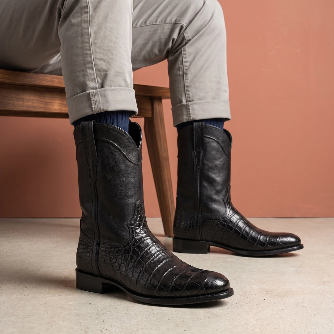 Casper Croc Embossed Leather Roper Boots - Black