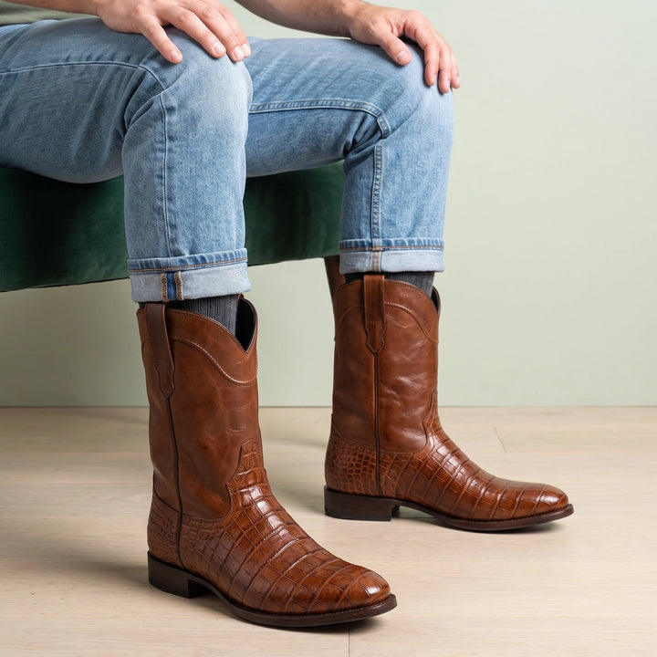 Casper Croc Embossed Leather Roper Boots - Brown