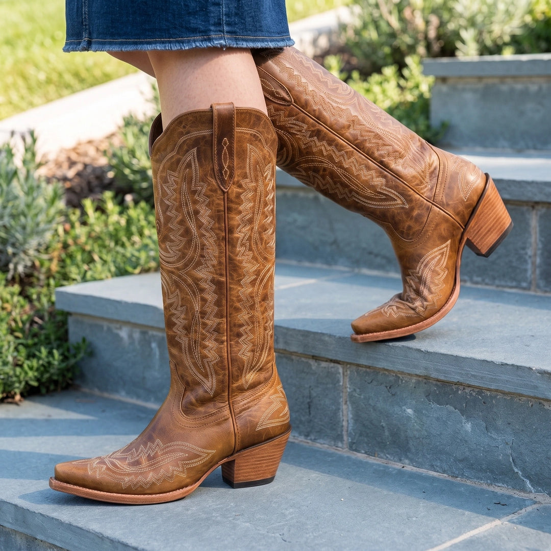 Cassidy Embroidered Knee High Western Boots - Brown