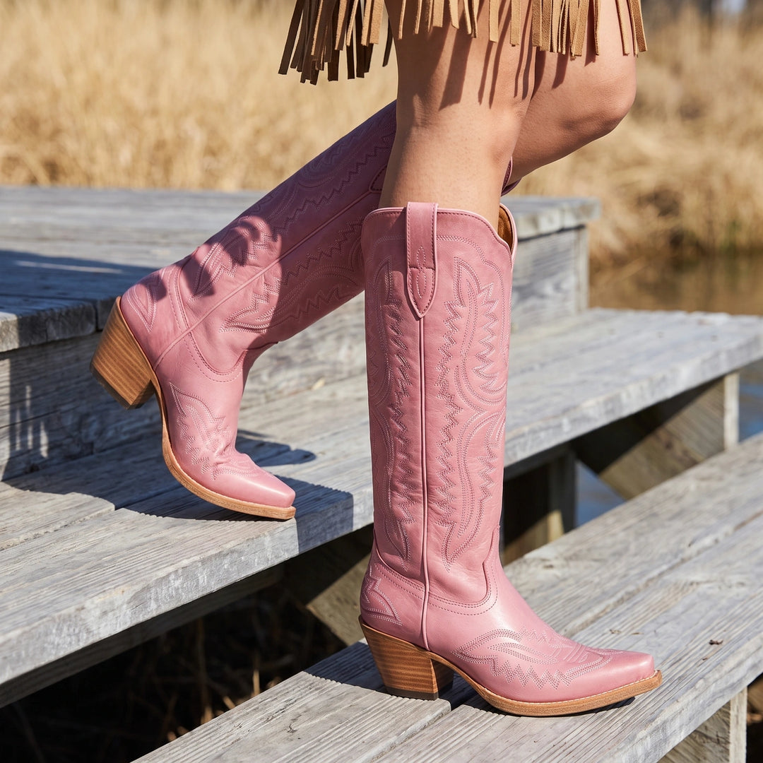 Cassidy Embroidered Knee High Western Boots - Pink