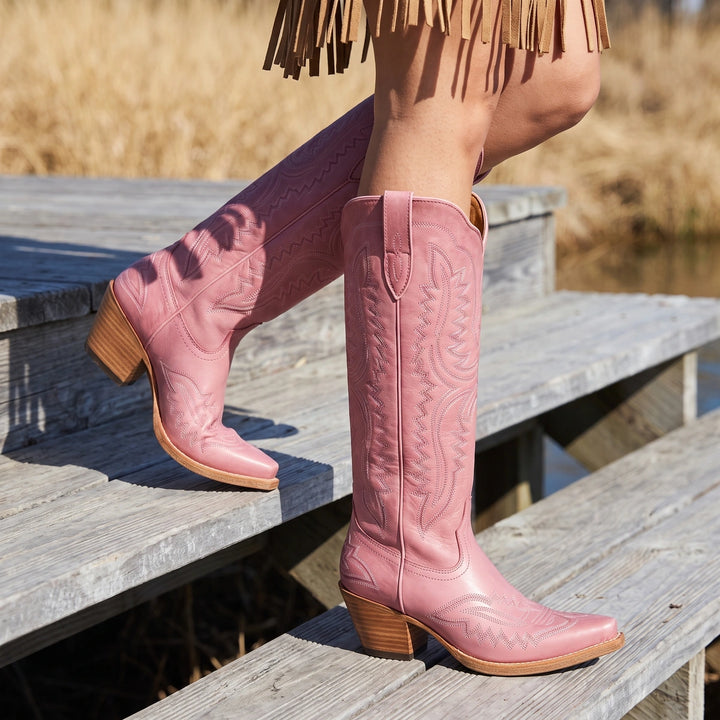 Cassidy Embroidered Knee High Western Boots - Pink