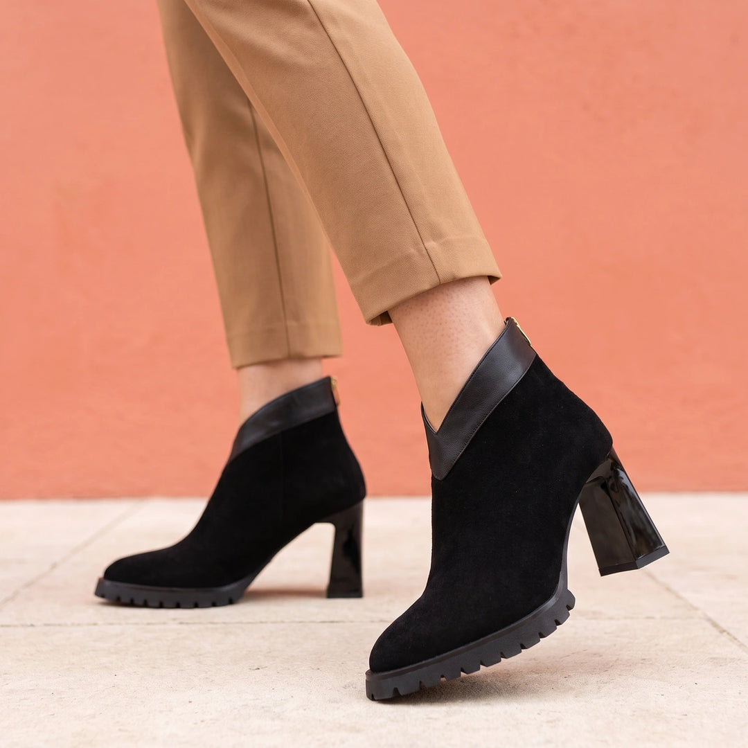 Celestina Suede V Collar Block Heel Booties - Black