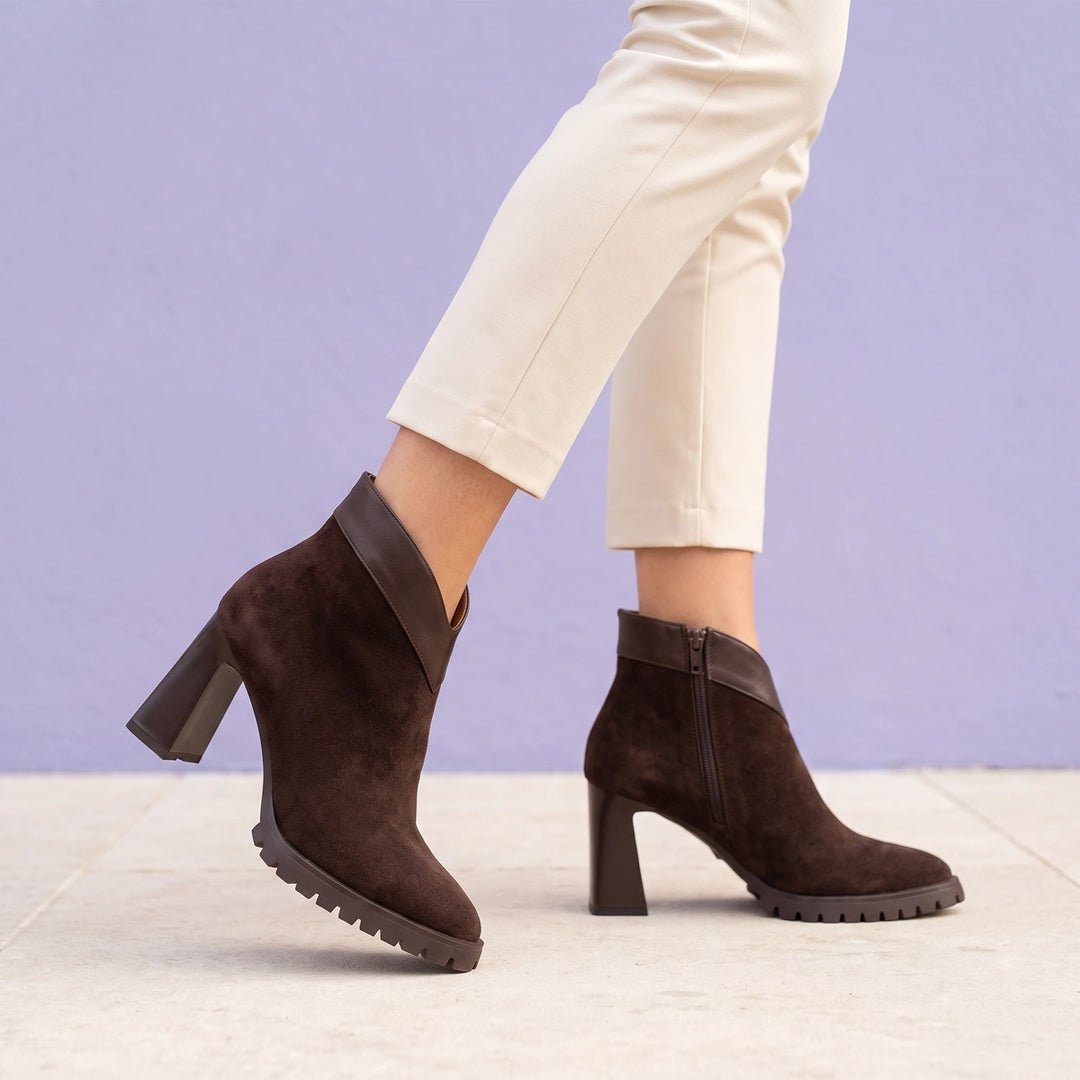Celestina Suede V Collar Block Heel Booties - Brown