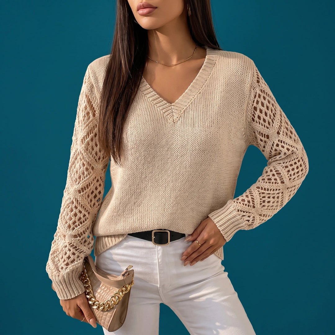 Celia Pointelle Sleeve V Neck Sweater - Beige