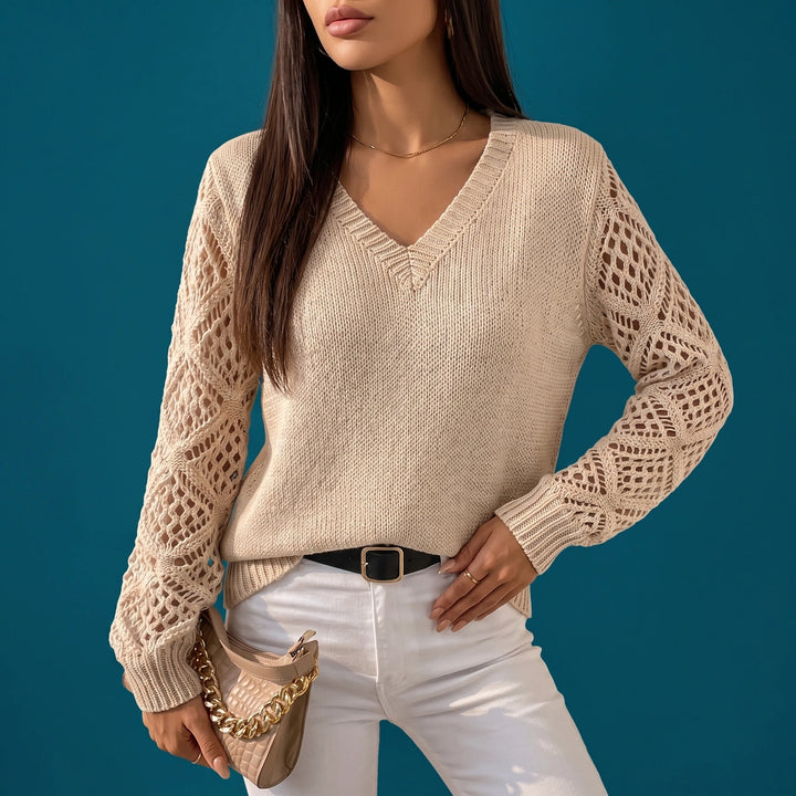 Celia Pointelle Sleeve V Neck Sweater - Beige