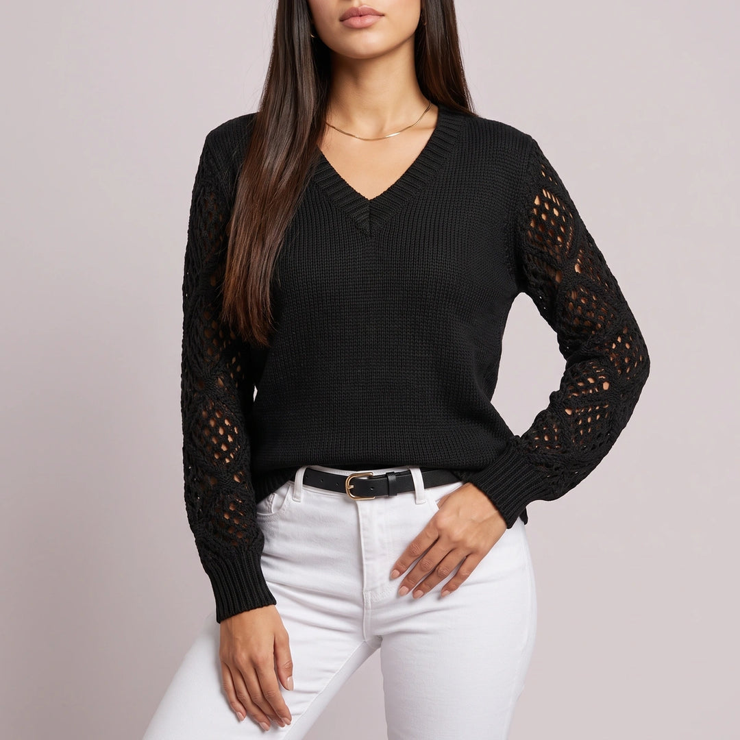 Celia Pointelle Sleeve V Neck Sweater - Black
